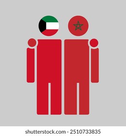 The national flags of Kuwait and Morocco with embracing body. Isolated vector illustration.