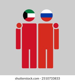 The national flags of Kuwait and Russia with embracing body. Isolated vector illustration.