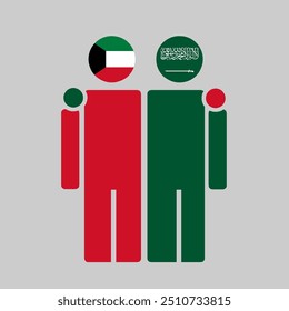 The national flags of Kuwait and Saudi Arabia with embracing body. Isolated vector illustration.