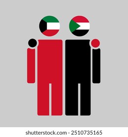 The national flags of Kuwait and Sudan with embracing body. Isolated vector illustration.
