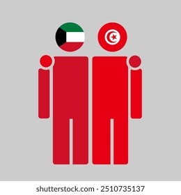 The national flags of Kuwait and Tunisia with embracing body. Isolated vector illustration.