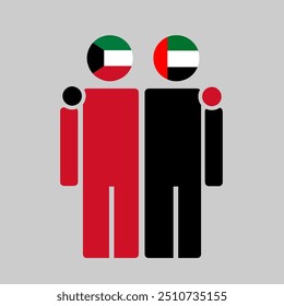 The national flags of Kuwait and UAE with embracing body. Isolated vector illustration.
