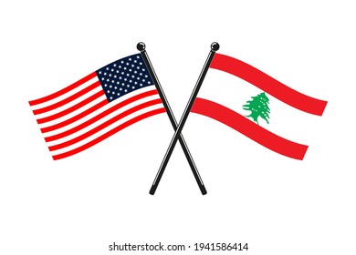 national flags of Lebanon and Usa crossed on the sticks in the original colours