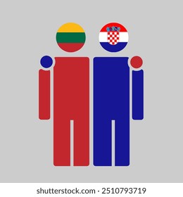 The national flags of Lithuania and Croatia with embracing body. Isolated vector illustration.