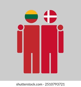 As bandeiras nacionais da Lituânia e da Dinamarca com corpo de abraço. Ilustração isolada de vetor.