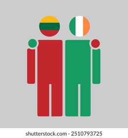 The national flags of Lithuania and Ireland with embracing body. Isolated vector illustration.