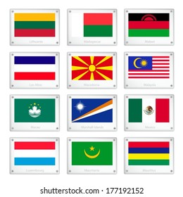 National Flags of Lithuania, Madagascar, Malawi, Los Altos, Macedonia, Malaysia, Macau, Marshall Islands, Mexico, Luxembourg, Mauritania and Mauritius on Metal Texture Plates with Screws. 