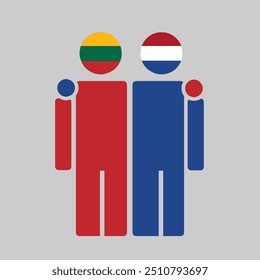 The national flags of Lithuania and Netherlands with embracing body. Isolated vector illustration.