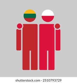 The national flags of Lithuania and Poland with embracing body. Isolated vector illustration.