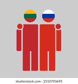 The national flags of Lithuania and Russia with embracing body. Isolated vector illustration.