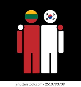 The national flags of Lithuania and South Korea with embracing body. Isolated vector illustration.