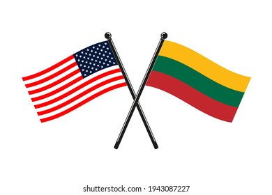 national flags of Lithuania and Usa crossed on the sticks in the original colours