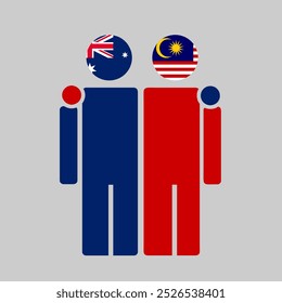 The national flags of Malaysia and Australia with embracing body. Isolated vector illustration.
