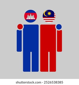 The national flags of Malaysia and Cambodia with embracing body. Isolated vector illustration.