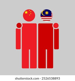 The national flags of Malaysia and China with embracing body. Isolated vector illustration.