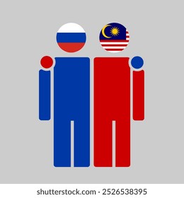 The national flags of Malaysia and Russia with embracing body. Isolated vector illustration.