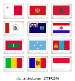 National Flags of Malta, Montenegro, Morocco, Mari El, Montserrat, Mordovia, Maldives, Micronesia, Mongolia, Mali, Moldova and Monaco on Metal Texture Plates with Screws. 