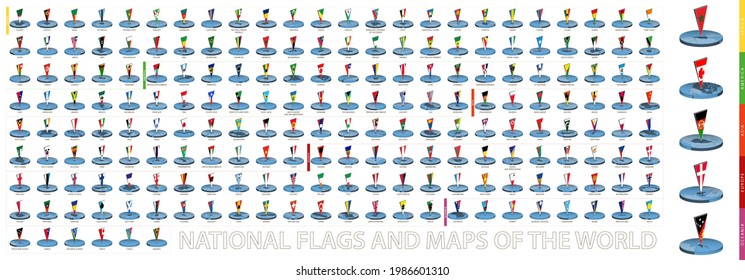 National flags and maps of the world in round isometric style with triangular 3D flag. Maps collection.