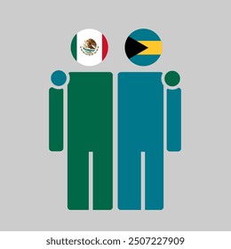 The national flags of Mexico and Bahamas with embracing body. Isolated vector illustration, gray background.
