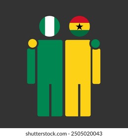 The national flags of Nigeria and Ghana with embracing body. Isolated vector illustration, black background.