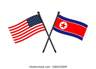 National flags of the North Korea and Usa crossed on the sticks isolated in the original size and colours