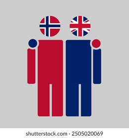 The national flags of Norway and UK with embracing body. Isolated vector illustration, gray background.