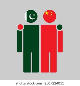 The national flags of Pakistan and China with embracing body. Isolated vector illustration, gray background.