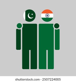 The national flags of Pakistan and India with embracing body. Isolated vector illustration, gray background.