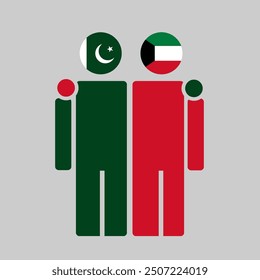 The national flags of Pakistan and Kuwait with embracing body. Isolated vector illustration, gray background.