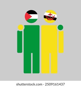 The national flags of Palestine and Brunei with embracing body. Isolated vector illustration.