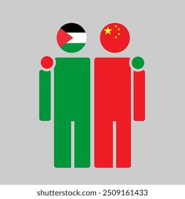 The national flags of Palestine and China with embracing body. Isolated vector illustration.