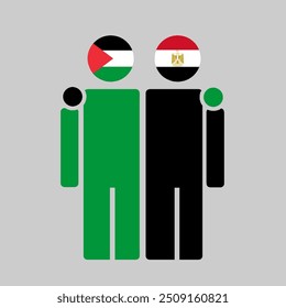 The national flags of Palestine and Egypt with embracing body. Isolated vector illustration.