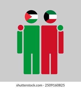 The national flags of Palestine and Kuwait with embracing body. Isolated vector illustration.