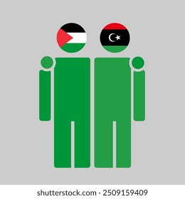 The national flags of Palestine and Libya with embracing body. Isolated vector illustration.
