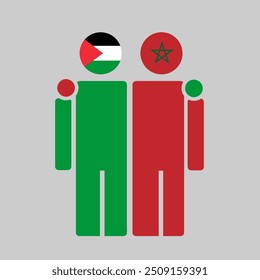 The national flags of Palestine and Morocco with embracing body. Isolated vector illustration.
