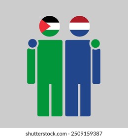 The national flags of Palestine and Netherlands with embracing body. Isolated vector illustration.