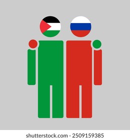 The national flags of Palestine and Russia with embracing body. Isolated vector illustration.