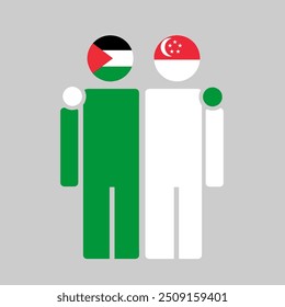 The national flags of Palestine and Singapore with embracing body. Isolated vector illustration.