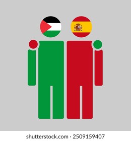 The national flags of Palestine and Spain with embracing body. Isolated vector illustration.