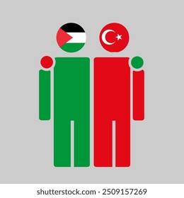 The national flags of Palestine and Turkey with embracing body. Isolated vector illustration.