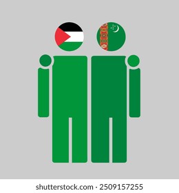 The national flags of Palestine and Turkmenistan with embracing body. Isolated vector illustration.