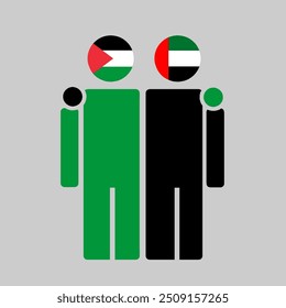 The national flags of Palestine and UAE with embracing body. Isolated vector illustration.