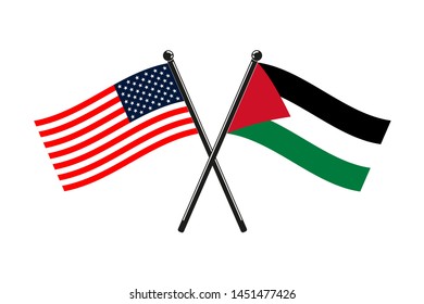 national flags of Palestine and Usa crossed on the sticks in the original colours