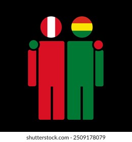 The national flags of Peru and Bolivia with embracing body. Isolated vector illustration.