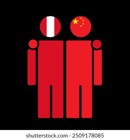 The national flags of Peru and China with embracing body. Isolated vector illustration.