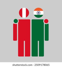 The national flags of Peru and India with embracing body. Isolated vector illustration.