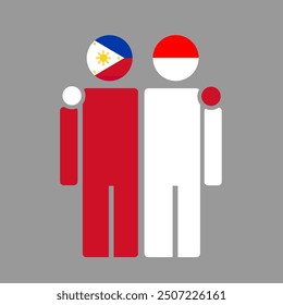 The national flags of Philippines and Indonesia with embracing body. Isolated vector illustration, gray background.