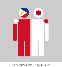 The national flags of Philippines and Japan with embracing body. Isolated vector illustration, gray background.