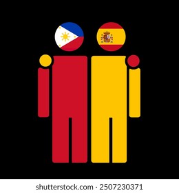 The national flags of Philippines and Spain with embracing body. Isolated vector illustration, black background.