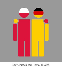 The national flags of Poland and Germany with embracing body. Isolated vector illustration, gray background.